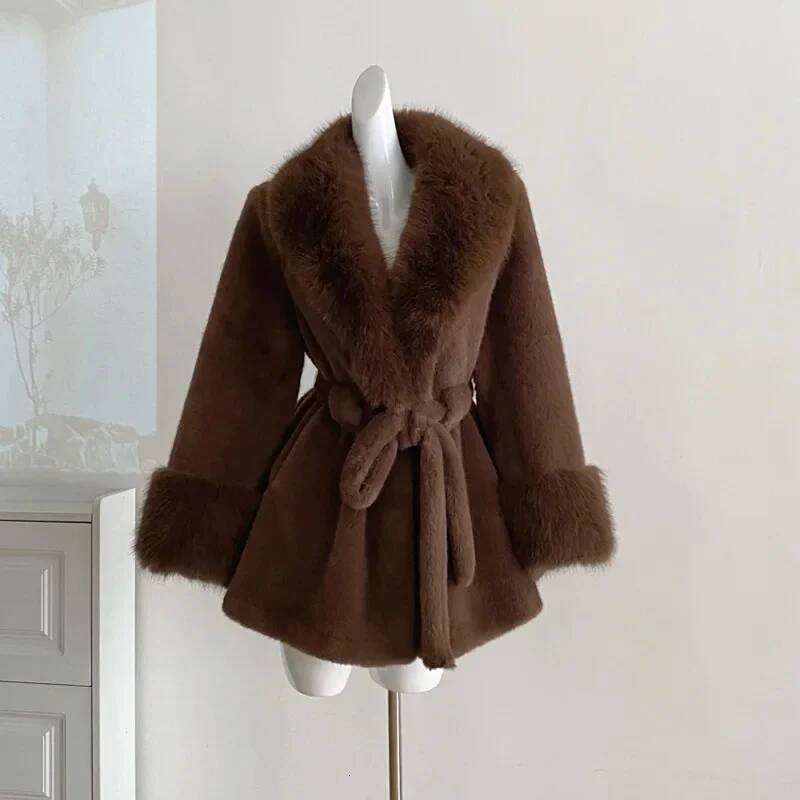 Winter Women Faux Furs Jackets Coats With Belt Elegant Waist Hing Slimming Fur Big Collar Thickened Warm Outerwear