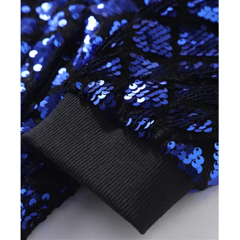 Blue Mens Sequins Long Sleeve Jacket Baseball Collar Zipper Casual Coats Stylish Rib Sleeve Tops European Size S-XXL 250812