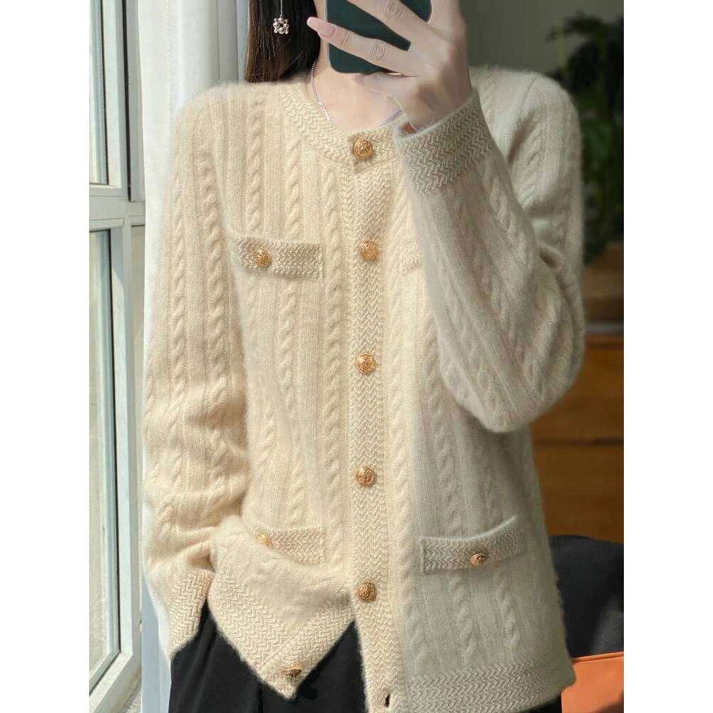 Women O-Neck Cardigan Office Lady Cable Knitting Sweater Autumn Winter Thick Long Sleeve 100% Merino Wool Knitwear Tops 250813