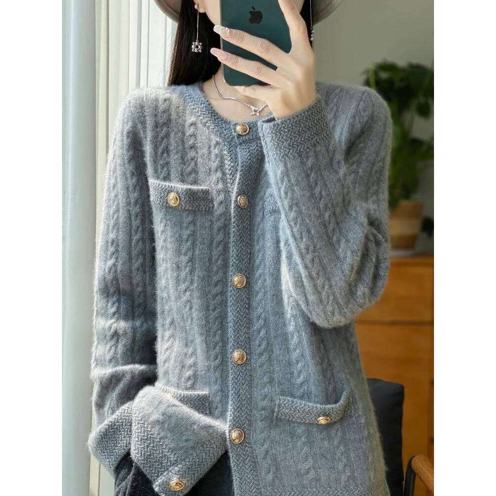 Women O-Neck Cardigan Office Lady Cable Knitting Sweater Autumn Winter Thick Long Sleeve 100% Merino Wool Knitwear Tops 250813