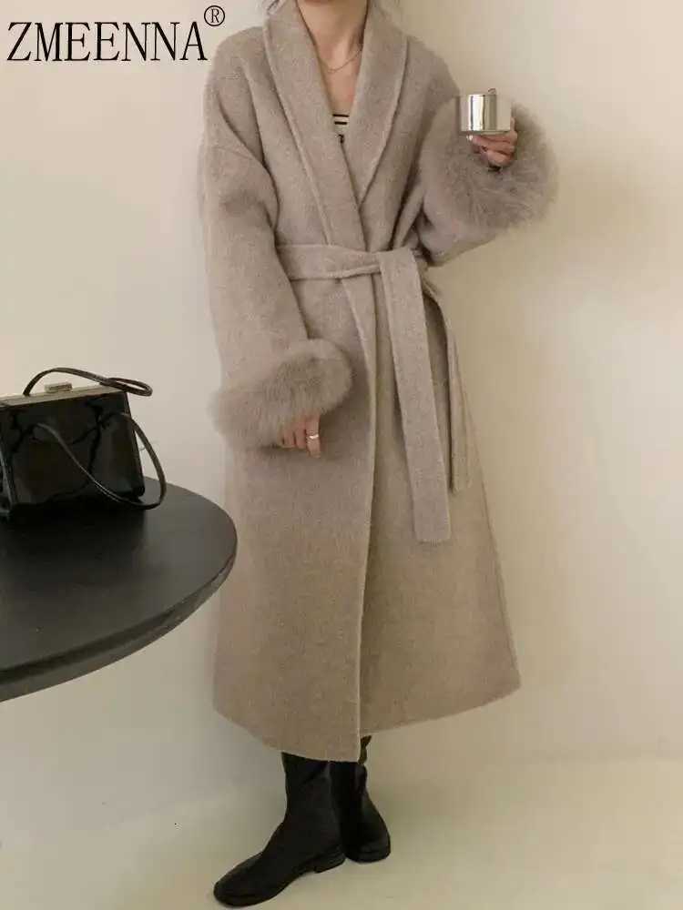 2024 Autumn Winter ZM600 Elegant Womens Coat European Style Tide All Match Belt Fur Patchwork Long Sleeve Woolen Coat Z250813