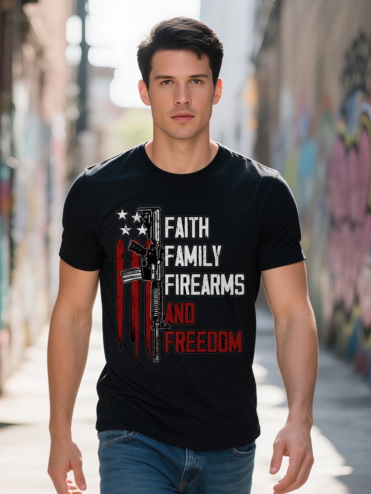 Casual Round Neck T-Shirt Rifle Five Stars Print Pattern Top Men's Gift