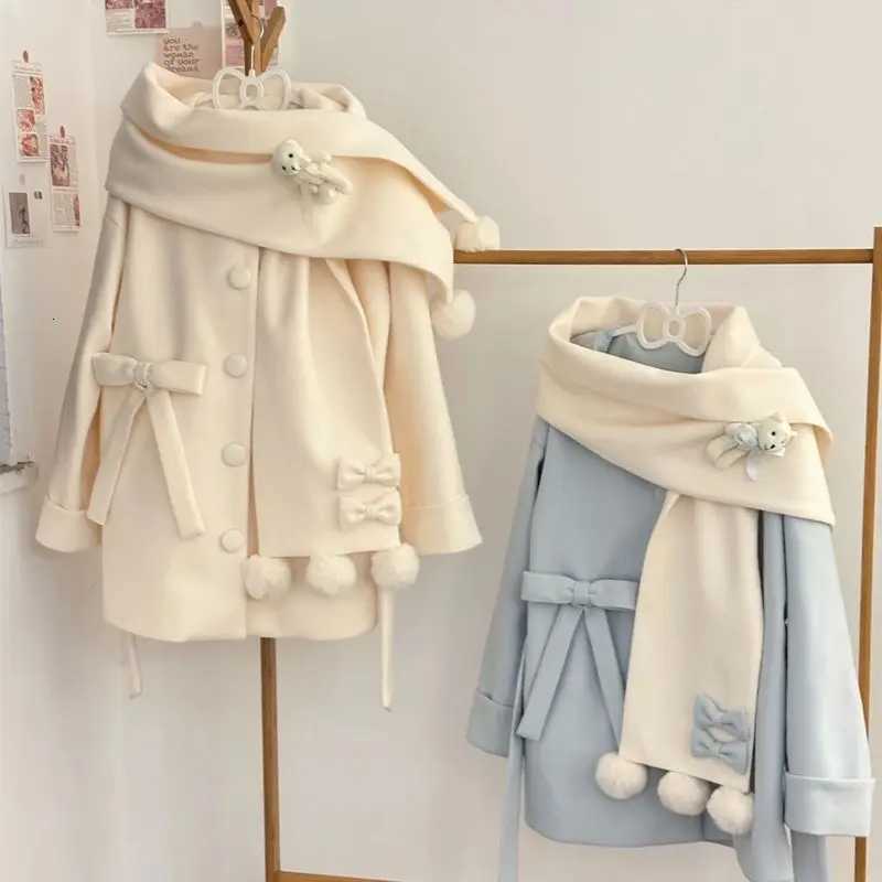 Autumn Winter Japanese Preppy Style Woolen Coat Women Kawaii Bow Cartoon Bear Scarf Loose Long Jackets Sweet Y2k Lolita Outerwear Z250813