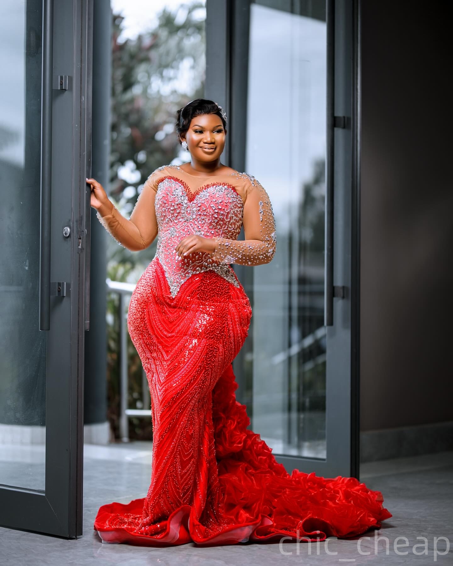 Mermaid Red Prom Dresses 2025 Beaded Crystals Luxurious Full Sleeves Evening Formal Party Second Birthday Engagement Gowns Plus Size Dress For Special