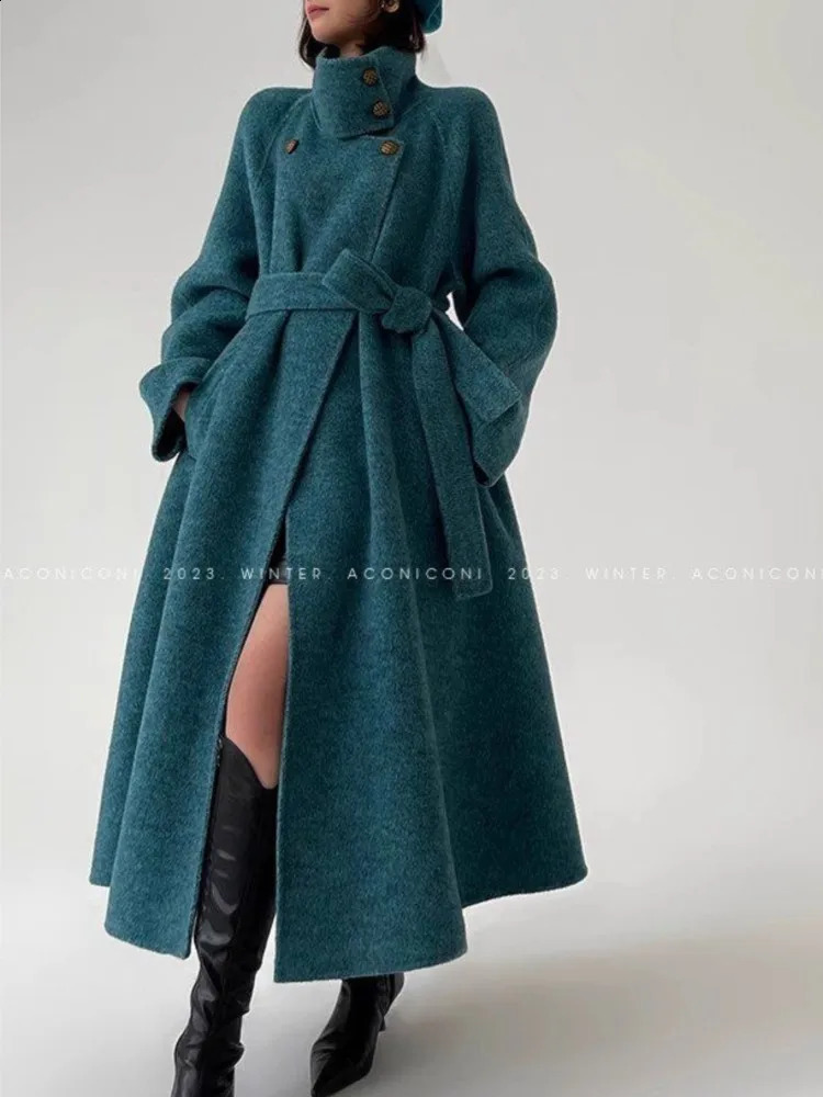 High-end Stand Collar Blue Woolen Overcoat for Women Elegant Long Jacket with Belt Female Temperament Fashion Streetwears 250805