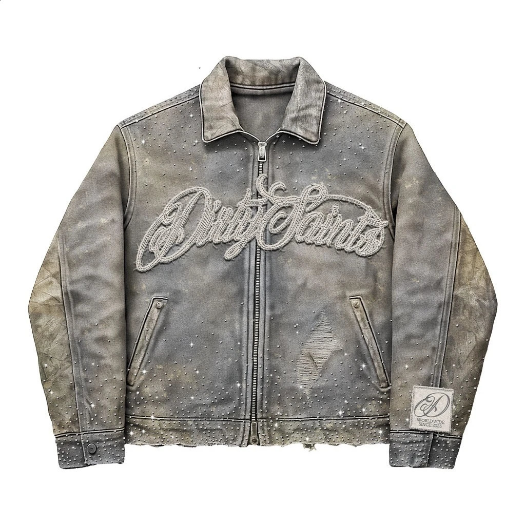 Mens Vintage Distressed Denim Jacket with Letter Patches Rhinestone Embroidery Gray Zip Up Streetwear Hip Hop Casual Outwear 250812