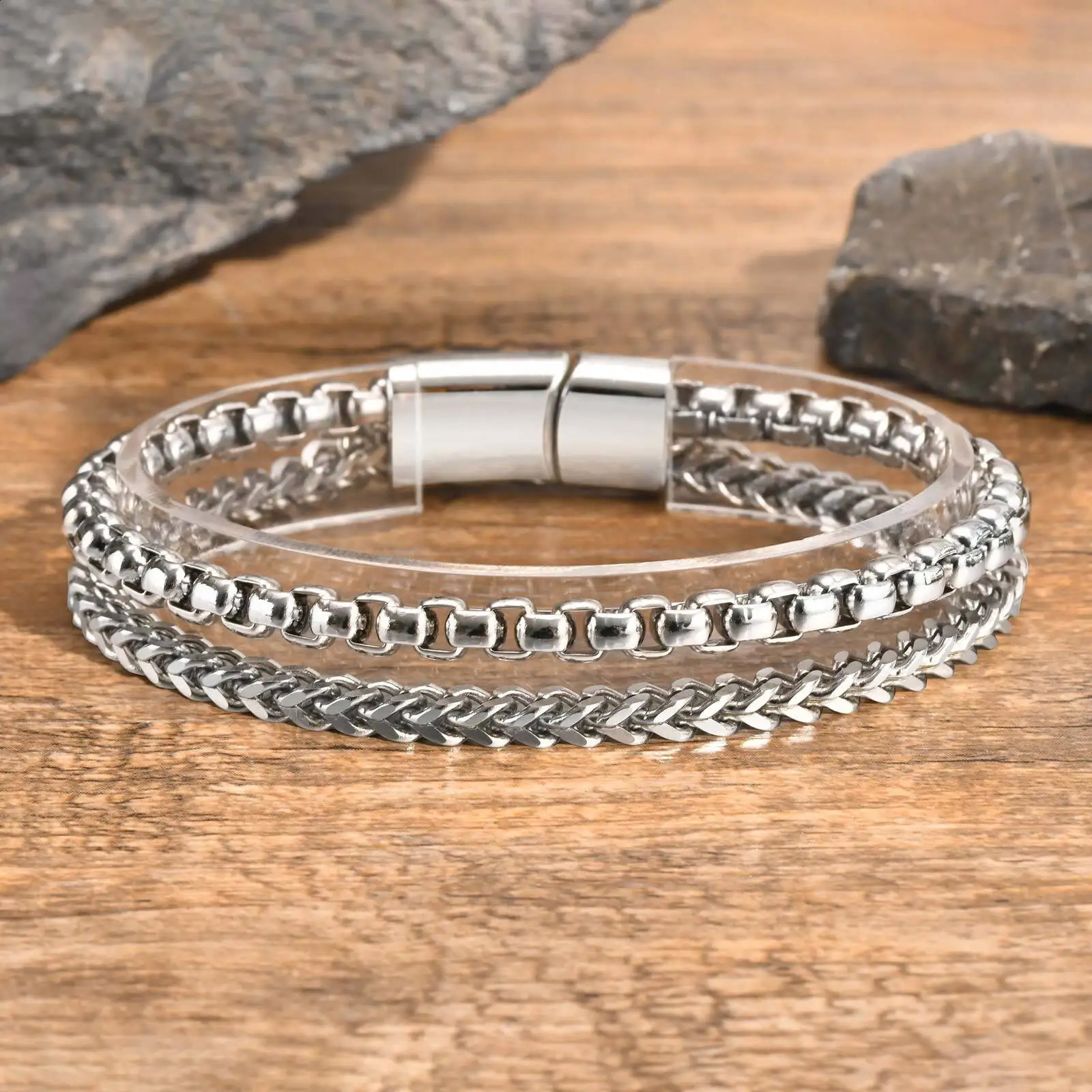 Vnox Stainless Steel Round Box Chain Bracelets Mens Layered Square Cuban Link Bracelets Simple Metal Franco Foxtail Bracelets 250812