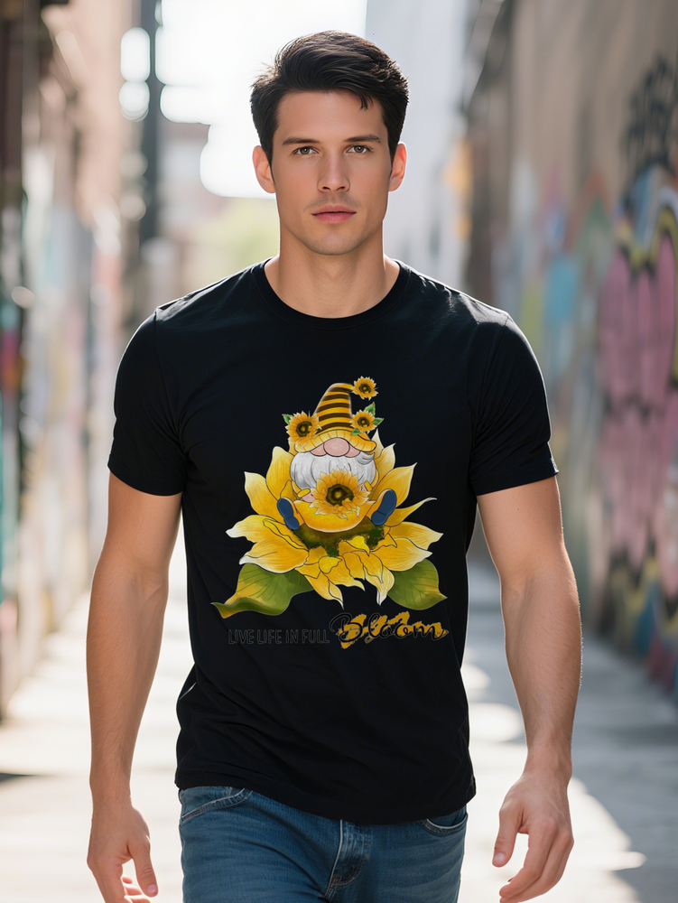 Men s Casual Crew Neck T Shirt with Vibrant Suower Gnome Graphic Live Life in Full Bloom Design Black Tee Summer