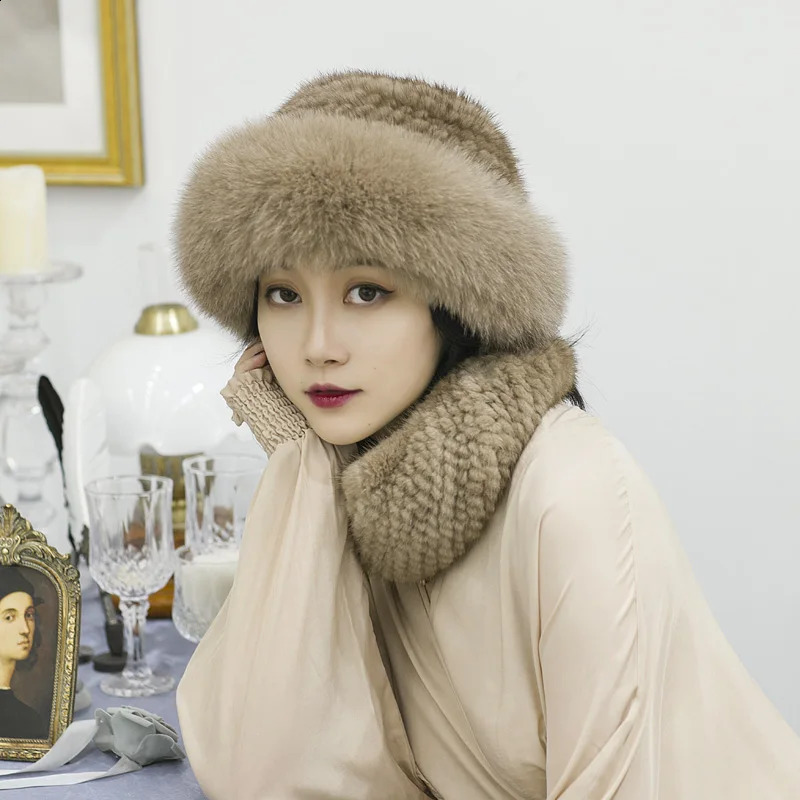 Besfilin Womens Genuine Mink Fox Fur Bucket Hat with Big Fox Brim Hand Knitted Casual Travel Warm Spring Autumn Winter 250808