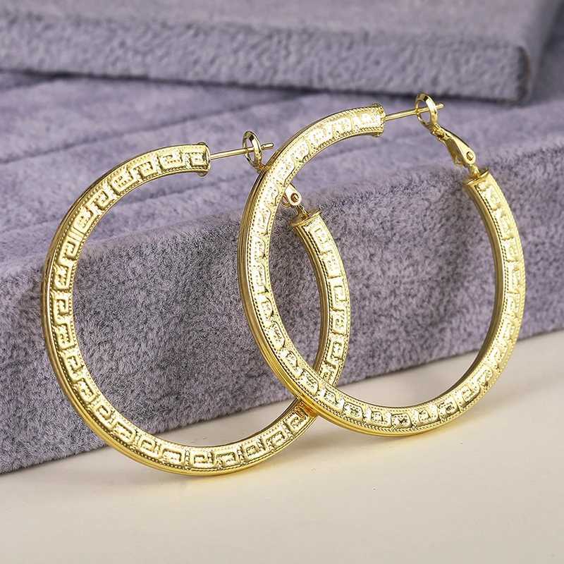 Huitan Trendy Pattern Flat Hoop Earrings for Women Big Circles Metal Gold Color Modern Fashionable Female Accessories Jewelry Y250812