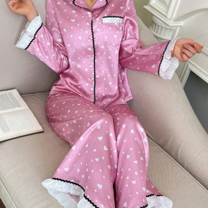 2025 New Women's Spring and Autumn Silk Color Dye Heart Print Lace Long Sleeve Long Pants Pajama Set Homewear