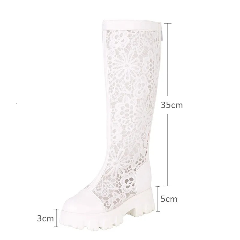 Womens Breathable Mesh Cool Boots Laces Mid Heels Woman Casual Hollow Knee High Boots White Summer Female Shoes Plus Size 34-43 250812
