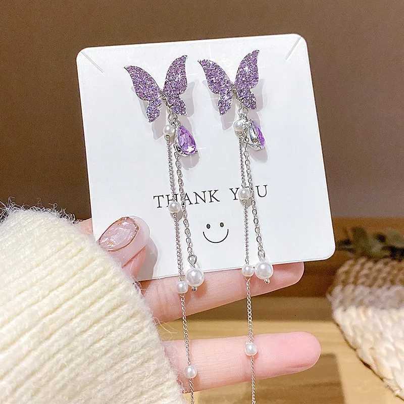 Purpule Rhinestone Butterfly Tassel Earrings for Women Imitation Pearl Beads Pendants Thread Long Hainging Earrings 2025 brincos Y250812