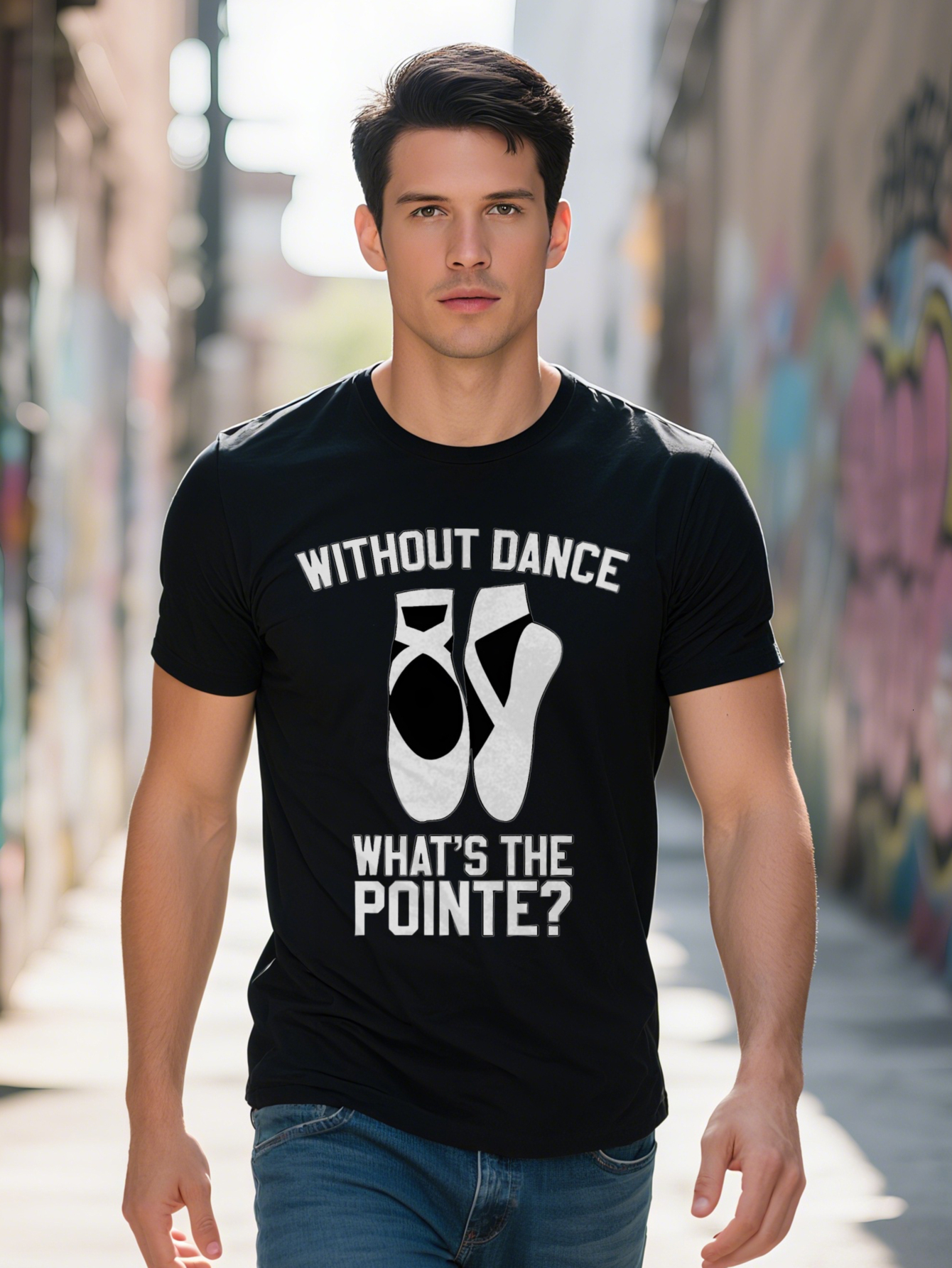 Men Casual Black T-Shirt with White Shoes Print Without Dance What S the Pointe Graphic Round Neck Short Sleeve