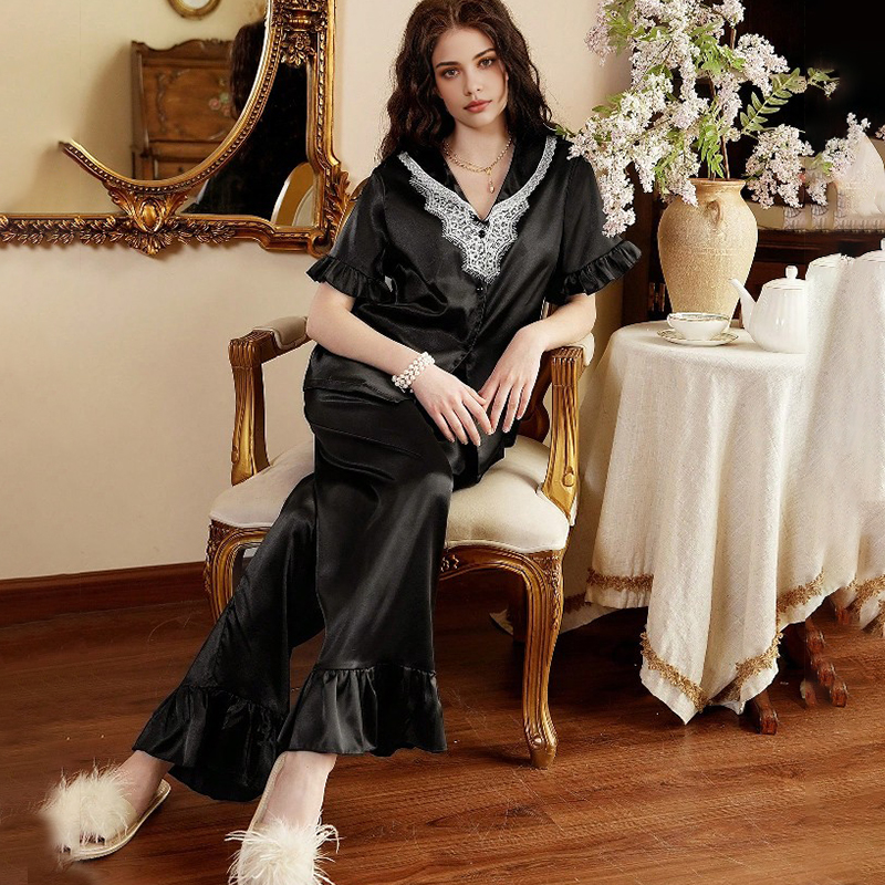 2025 New Women's Spring/Summer Silk Color Dungaree Lace Short Sleeve Long Pants Pajama Set Homewear