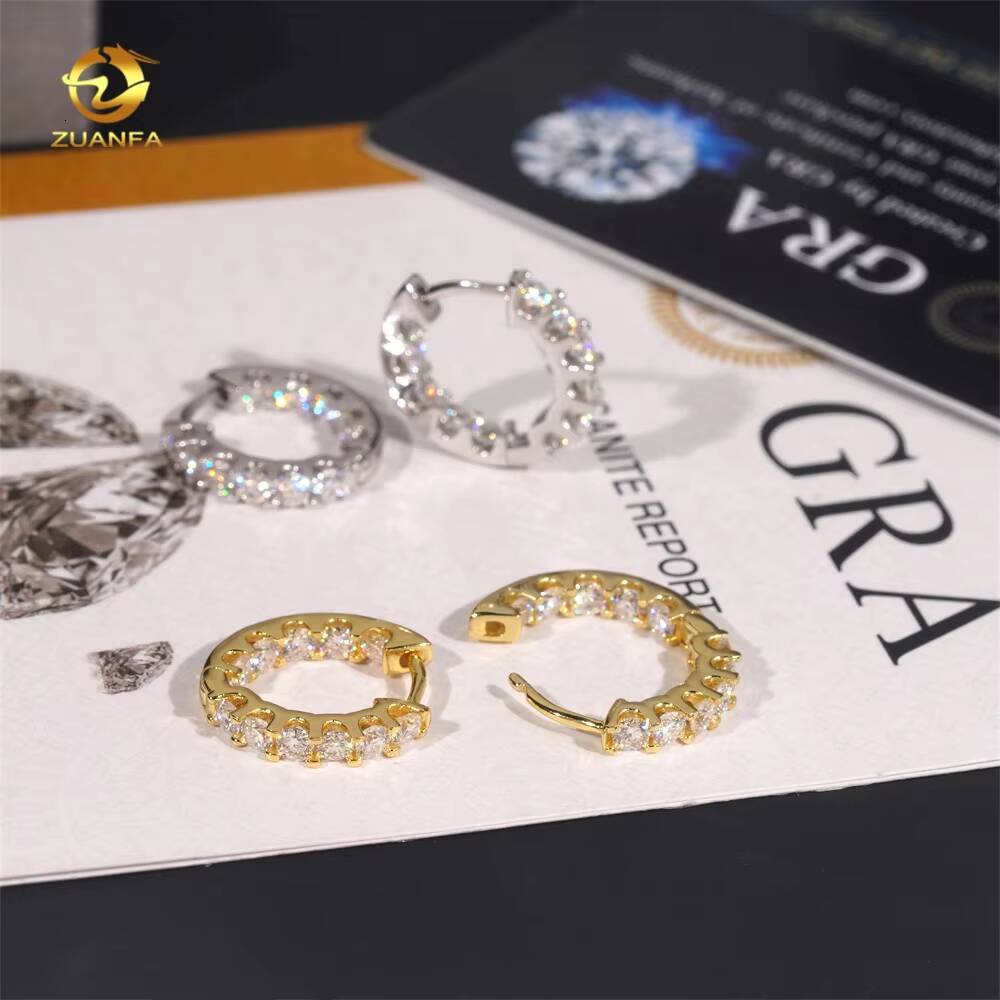 925 Sterling Silver 3mm Silicon Stone GRA Certificate Gold Plated Hoop Earrings