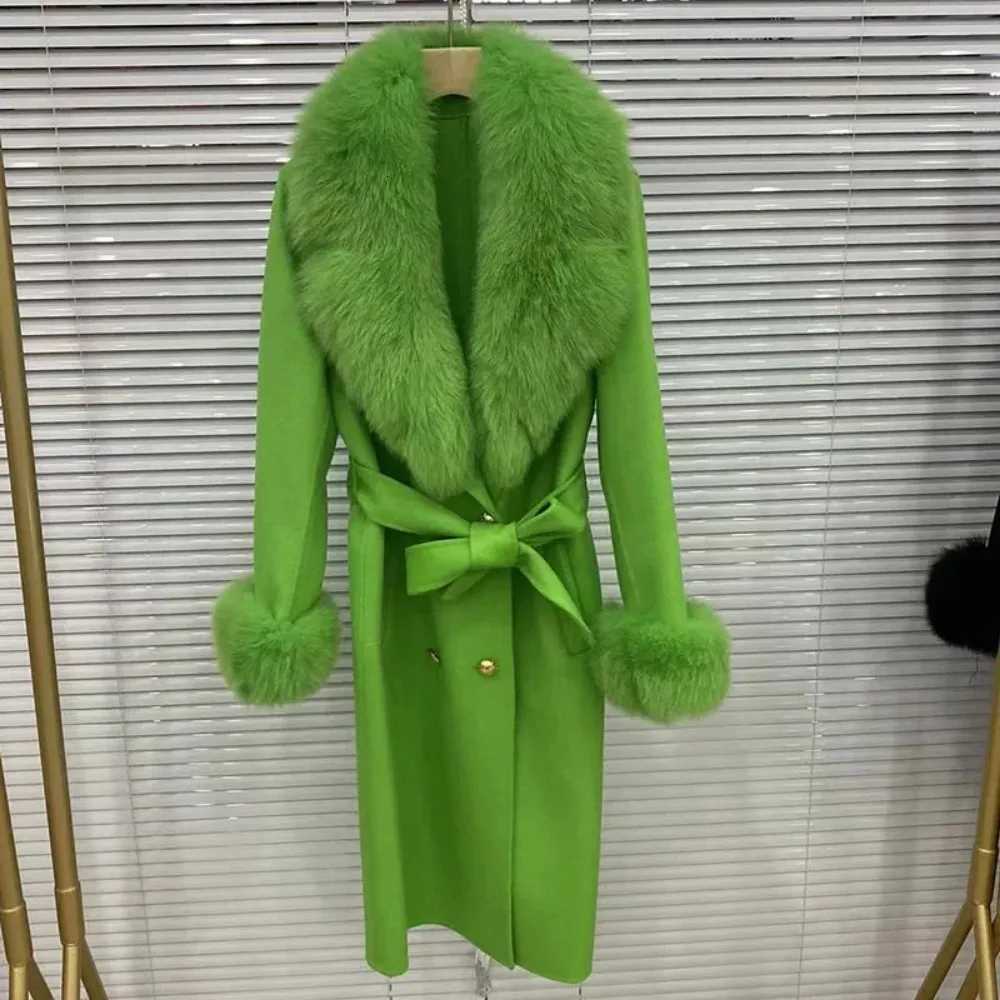 2024 Women Wool Cashmere Blended Coat Double Breasted Belt Outerwear Cuff New Long Real Fur Collar Fashion Winter Jacket Z250813