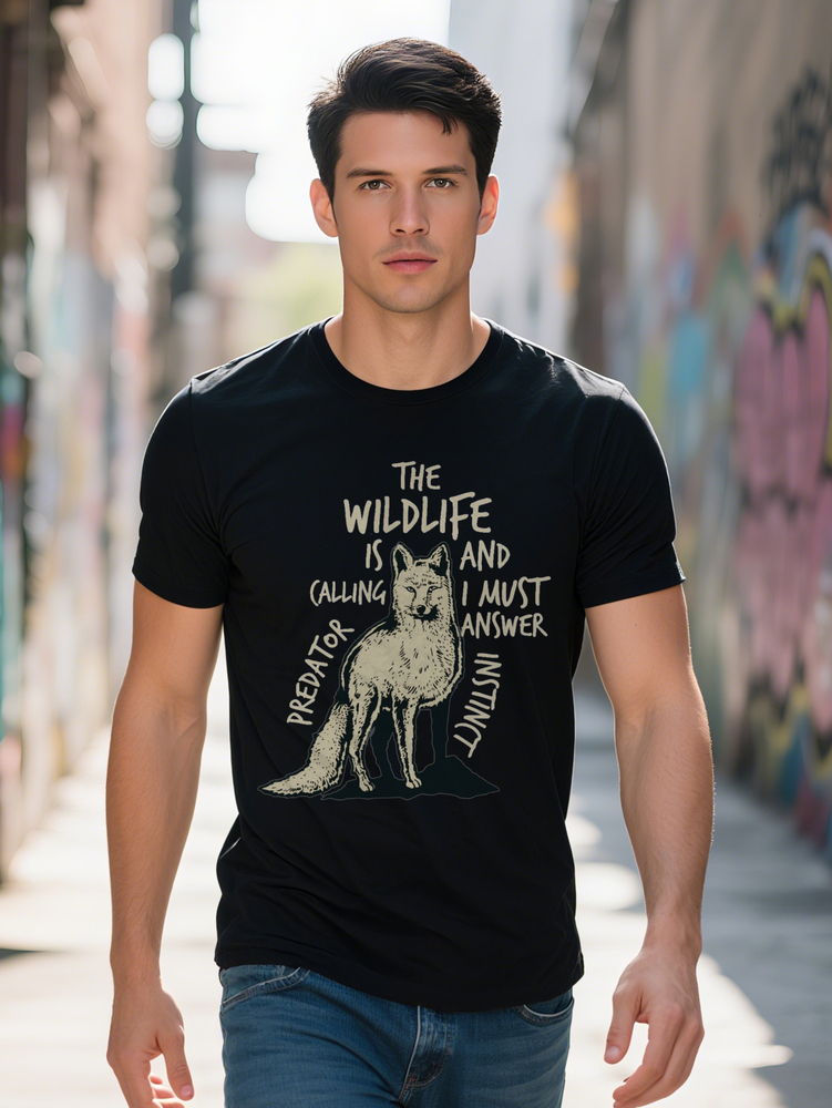 Men s Casual Crew Neck T Shirt The Wildlife is Calling Wolf Print Black with White Design Summer Essential 5e207