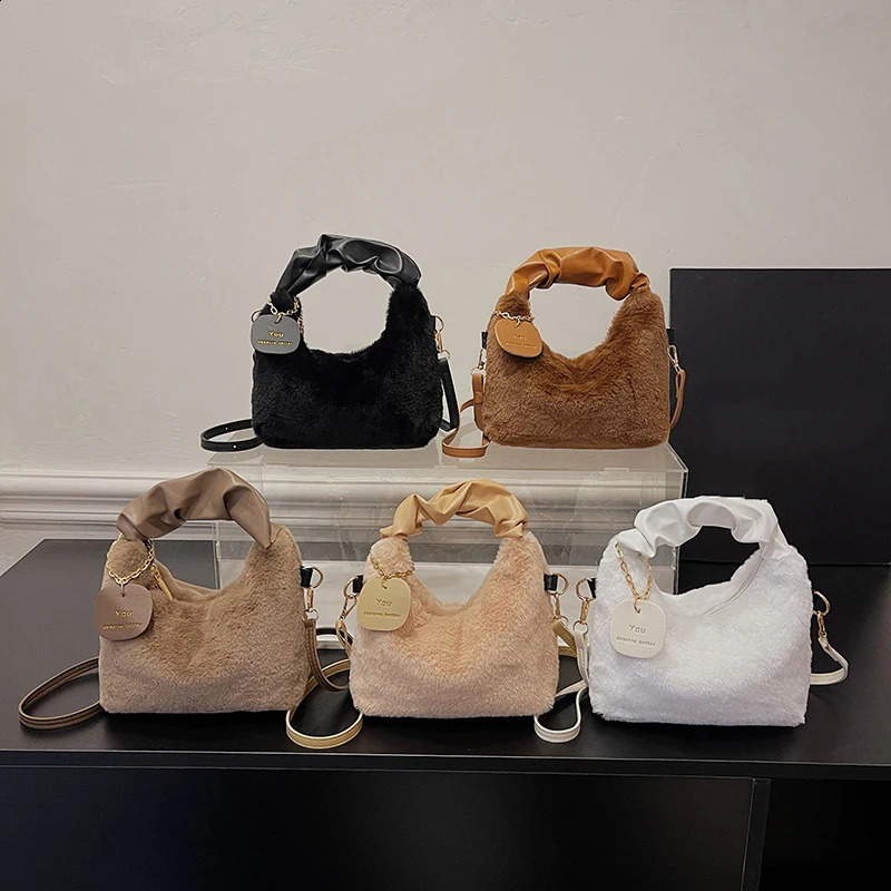 Cute Plush Shoulder Bag Women Faux Fur Handbags Zipper Lady Casual Tote Half-Moon Hobos Winder Crossbody Bag Shopping 250809