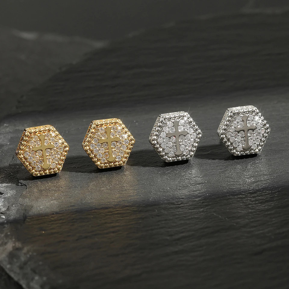 RAKOL Cross Shaped Iced Out Zircon Hip Hop Stud Earrings for Men Women Gold Color Hexagon Pierced Earring Punk Party Jewelry 250812