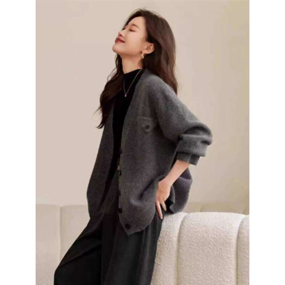 Korean Cashmere Knit Cardigan Mid-Length Female Spring And Autumn Loose Sweater Coat Temperament Wool Outside MDNG 250730 20250811