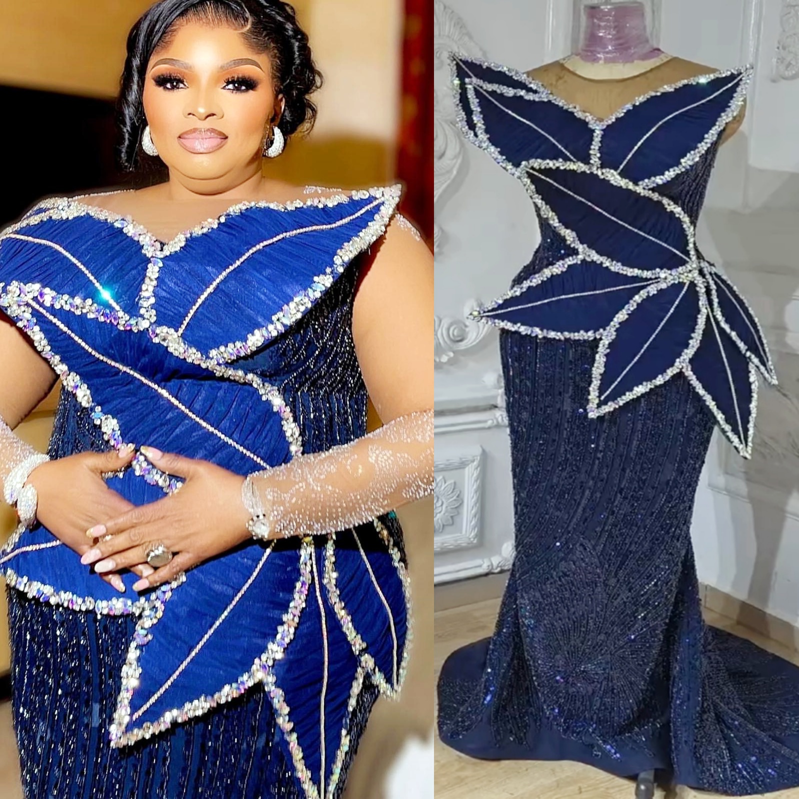 Mermaid Dark Navy Plus Size Prom Dresses 2025 Crystals Florals Sequined Evening Formal Party Second Birthday Engagement Gowns Dress For Special Occasi