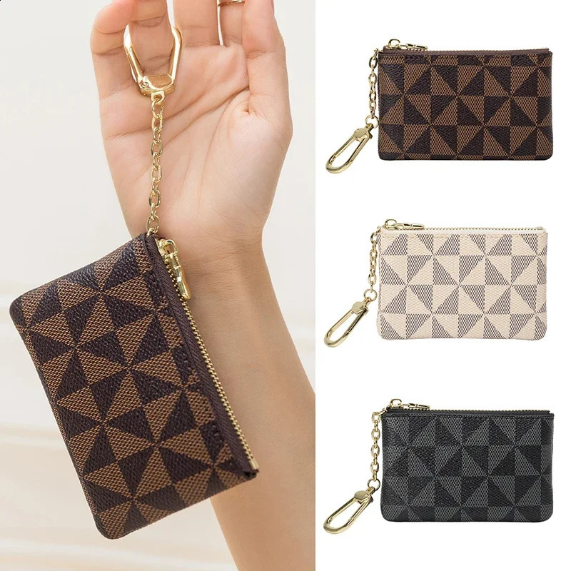 Key Storage Bag with Chain Women Mini Coin Purse Plaid Leather Small Zipper Wallet Ladies Keychain Trendy 250812 Y260206