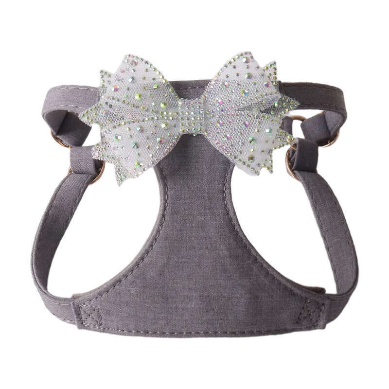 Jinjite New Gray Soft Denim Series Chest Harness Set Rhinestone Bowknot Vest Leash