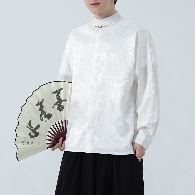 Chinese Style Dragon Printed Ice Silk Shirt For Men Casual Metal Buckle Dull Black Aesthetic Neutral Loosefit 250808