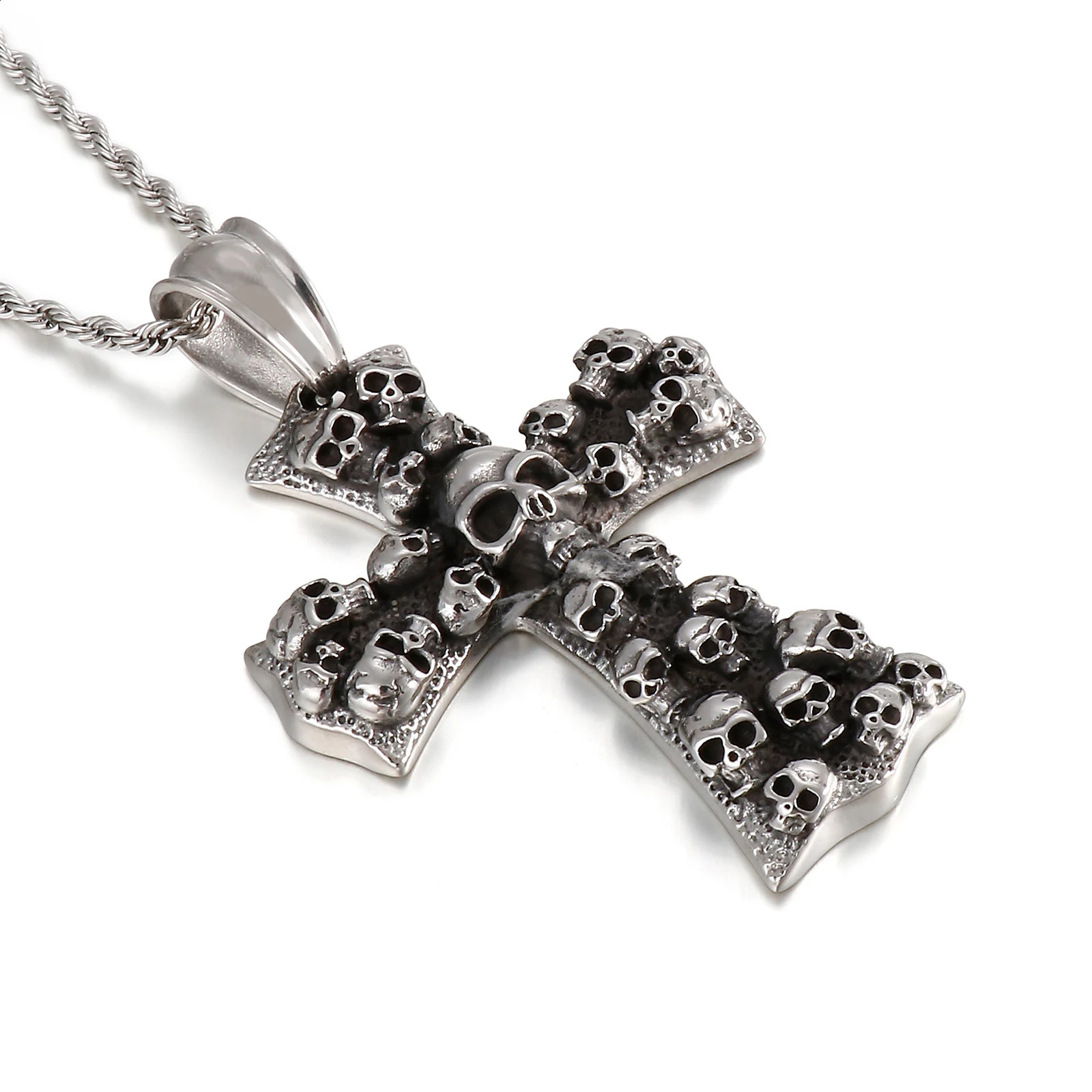 316L Stainless Steel Huge Evil Cross Ghost Head Pendant Necklace Men All-Match Jewelry 250807
