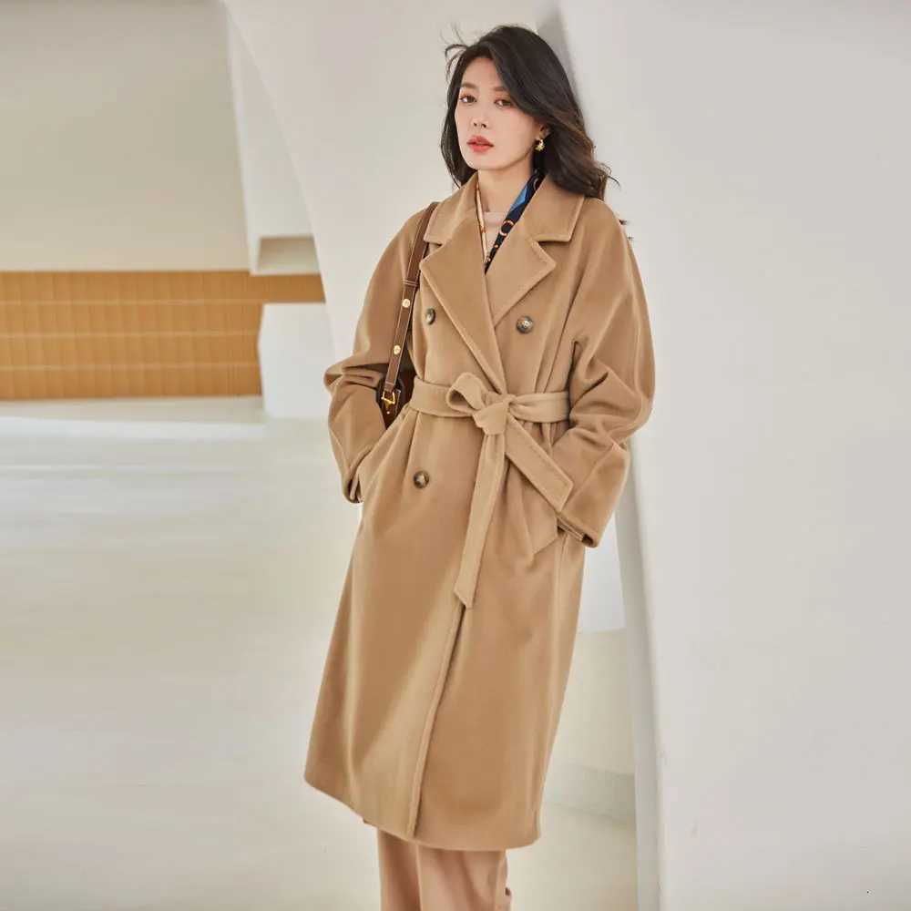 Winter Cashmere Coat Women Beige Loose Mid-Length Wool Coat Female 2024 Autumn Camel Lace-Up Double-Breasted Classic Style 13801 Z250813
