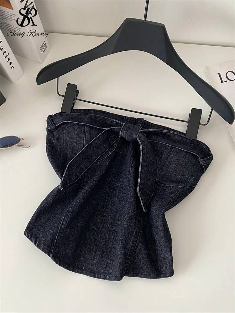 2025 vest SINGREENY American retro denim mini top bow strapless sleeves backless slim fit trend vest women's popular streetwear sexy vest designe