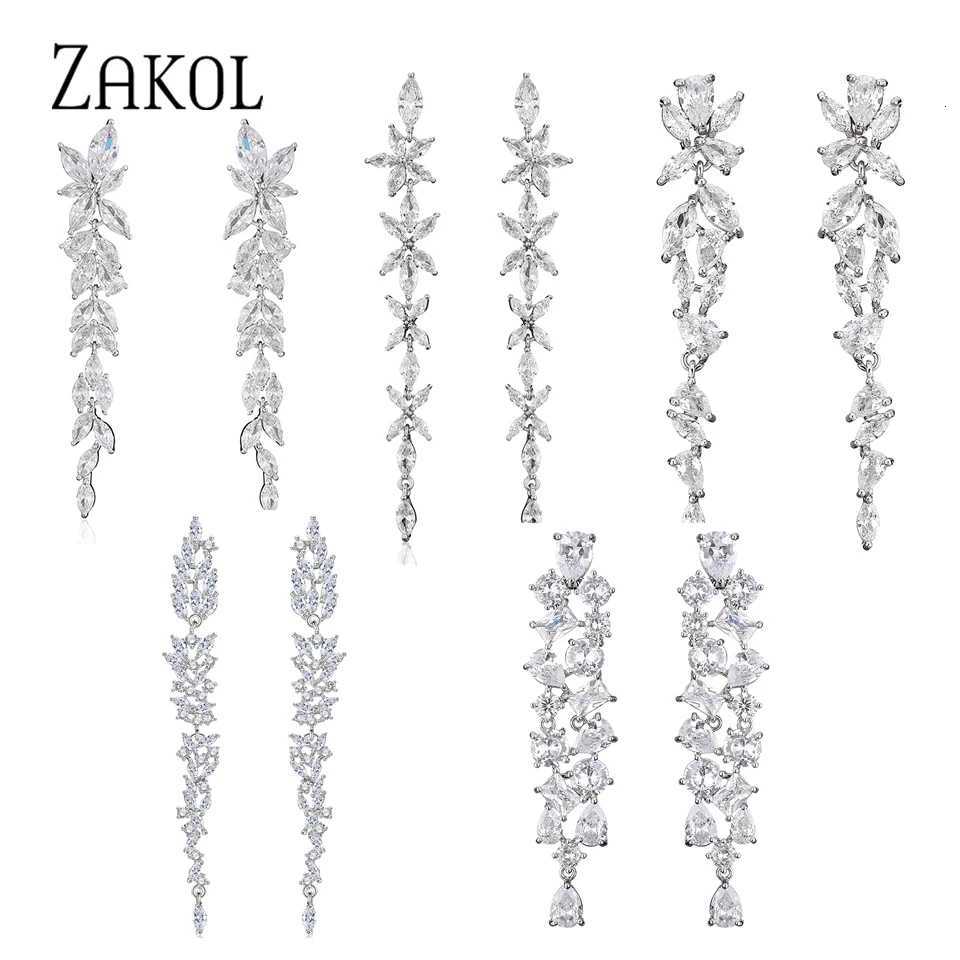 ZAKOL Elegant Shiny AAA Zircon Sliver Color Long Drop Earrings Gorgeous Bridal Wedding Party Jewelry Y250812