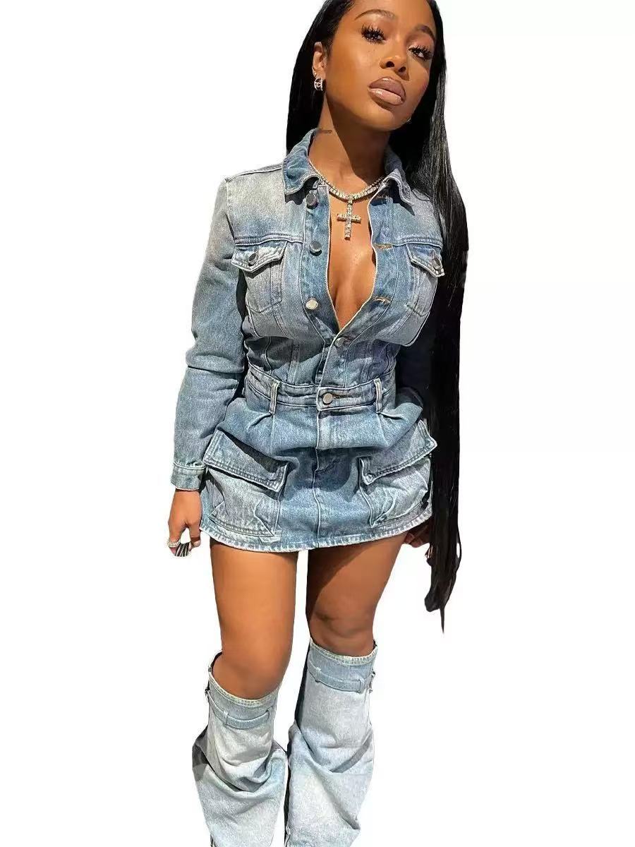 Designer Denim Tracksuits Two Piece Sets Women Long Sleeve Patchwork Denim Jacket and Shorts Outfits Y2k Jeans Vintage Streetwear Bulk Wholesale Cloth