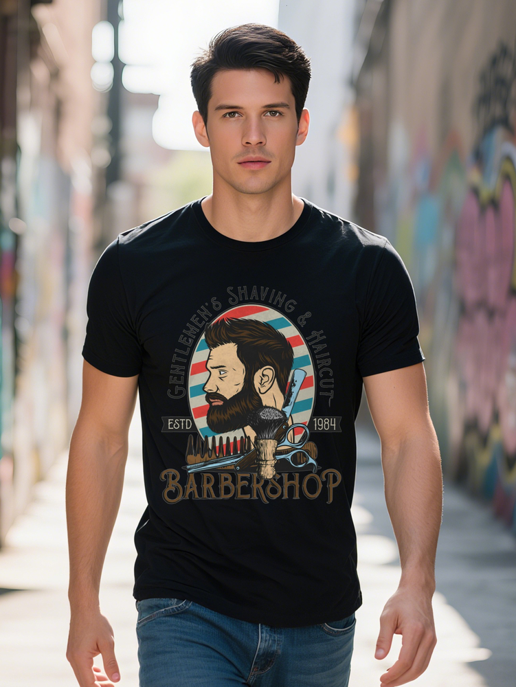 Men Crew Neck T-Shirt with D Print Gentlemen S Shaving Grooming Design Beard Scissors Illustration Perfect Gift 07794