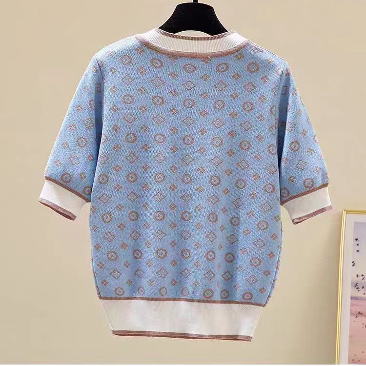 Women's Summer Short-Sleeve T-Shirt with Rhinestone Embellished Print Xiaoxiangfeng Knitted Fabric