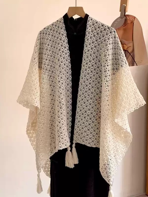 K1647 Summer air-conditioned room office knitted shawl women's outer wear hollow tassel fashionable cheongsam white cape cloak thin section