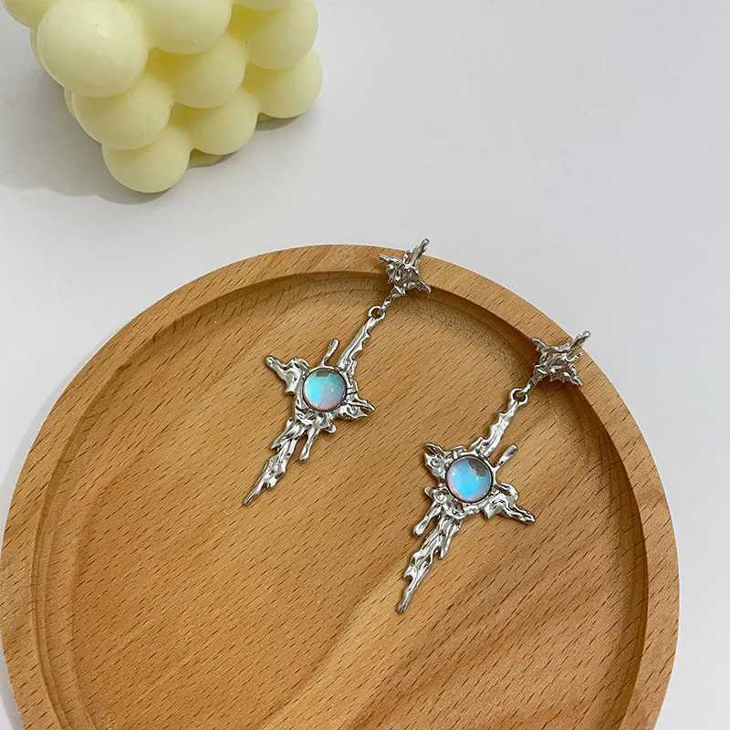 Irregular Liquid Metal Cross Moonstone Dangle Earrings Young Girl Trend Metal Cross Moonstone Drops Earrings Jewelry Y250812