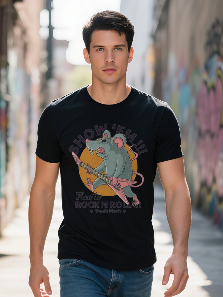 Men S Casual Crew Neck T-Shirt Rock N Roll Mouse Print Knit Fabric Slight Stretch Regular Fit Summer Top Gift