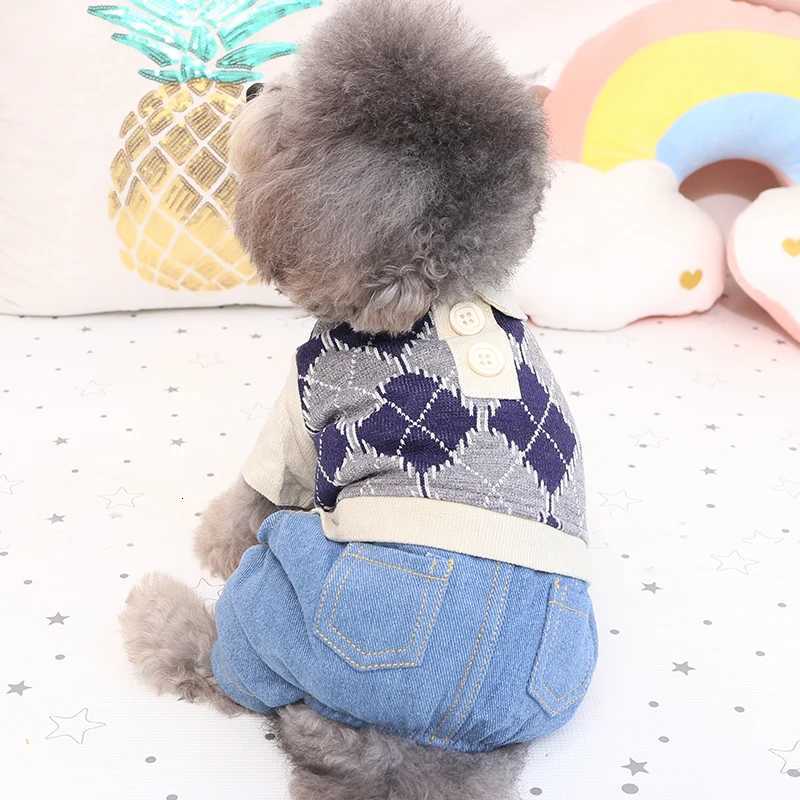 Plaid Pet Sweater Overall Jumpsuit With Denim Trousers Yellow Gray Autumn Spring Dog Boy Girl Suit Shih Tzu Puppy Apparel Sets XJ250813