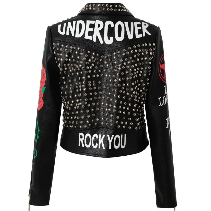 Black Cropped Leather Jacket Women 2025 Trend Punk Style Slim-fit Zipper Short Streetwear Printed Studded Motorcycle Jackets 250811