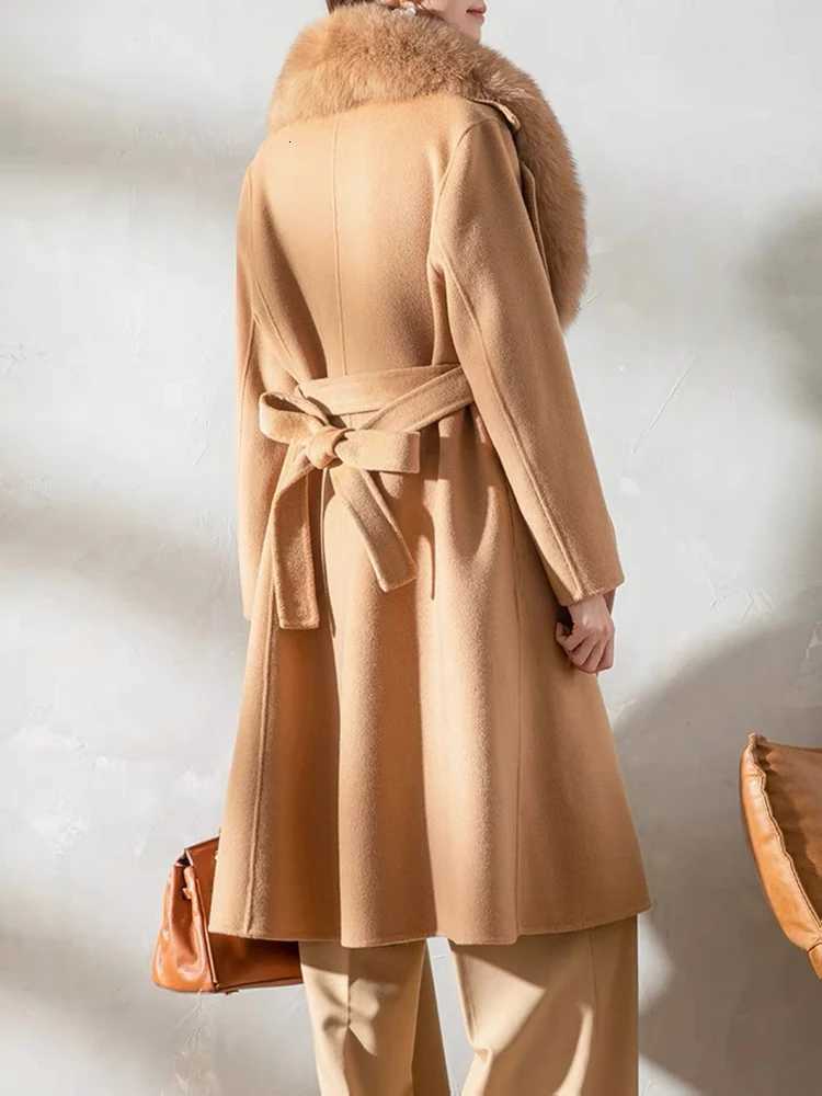 Women Autumn Natural Real Fur Collar 100% Woolen Long Khaki Gray White Woolen Belt Slim Jacket Z250813