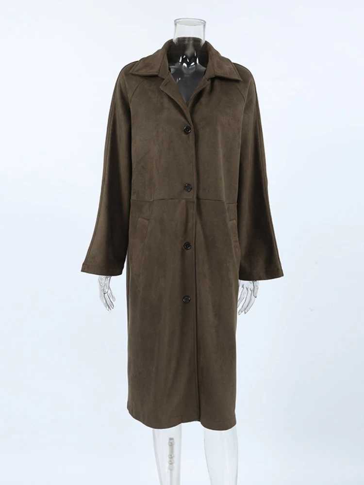 New in Autumn Long Suede Jacket Womens Casual Versatile Retro European and American Brown Long-sleeved Tooling Trench Coat Z250813