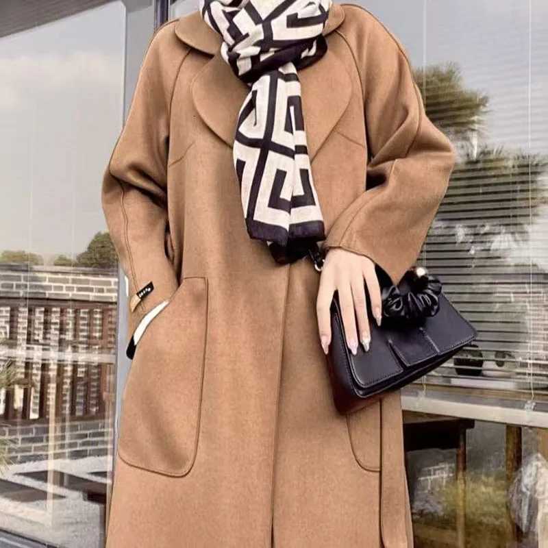 2025 Fall Winter Jacket Ripple Double-sided Wool Cashmere Coat Bathrobe Style Windbreaker Women Belt Long Thick Warm Z250813