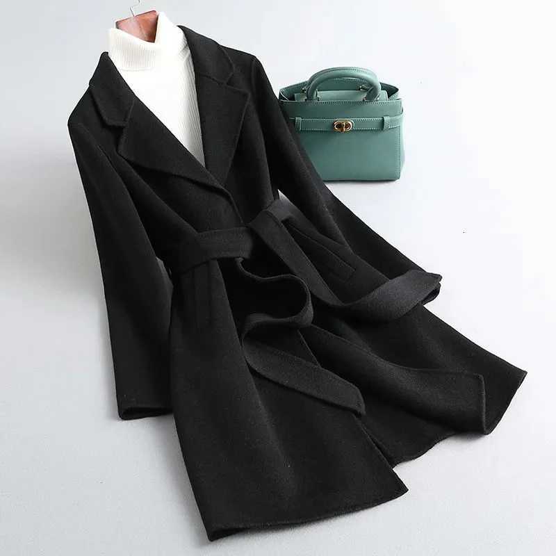2025 Autumn 100% Wool Coats With Belt Fashion Open Stitch Elegant Woolen Cashmere Coat Womens Jacket Tops Z250813