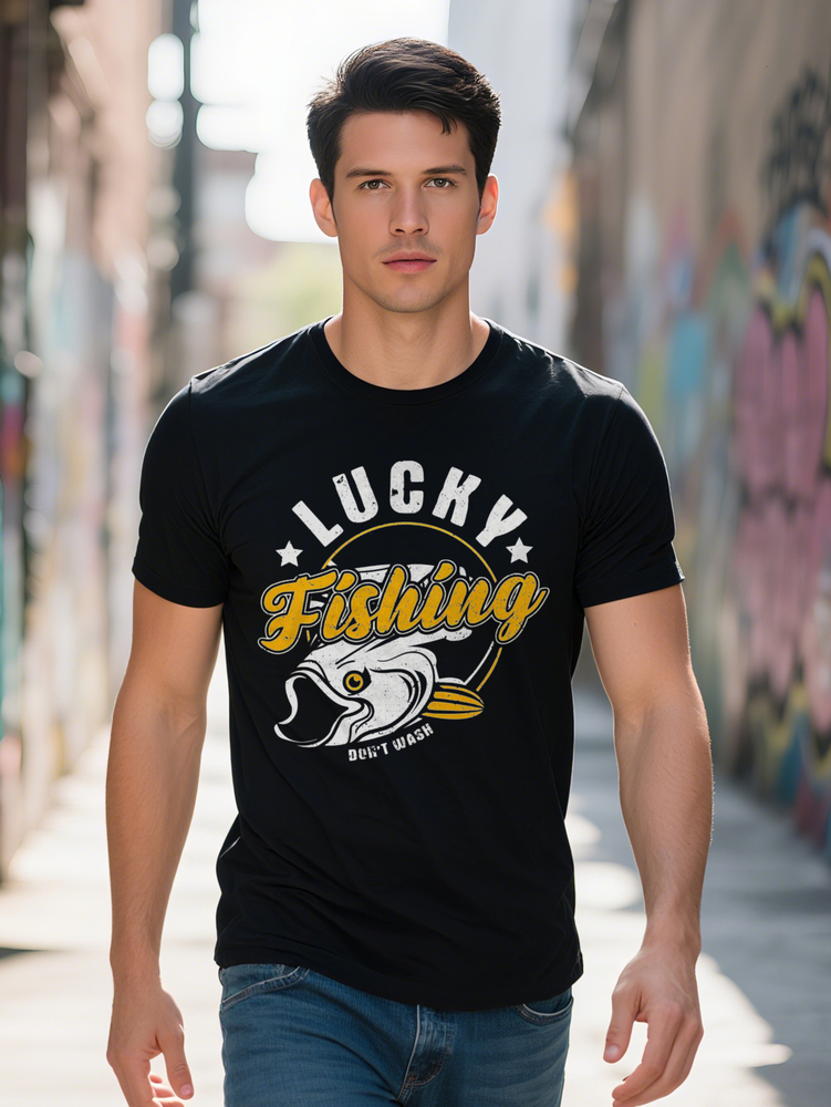 Men s Casual Crew Neck T Shirt Knit Fabric Regular Fit with Lucky Fishing Print for Summer Tee