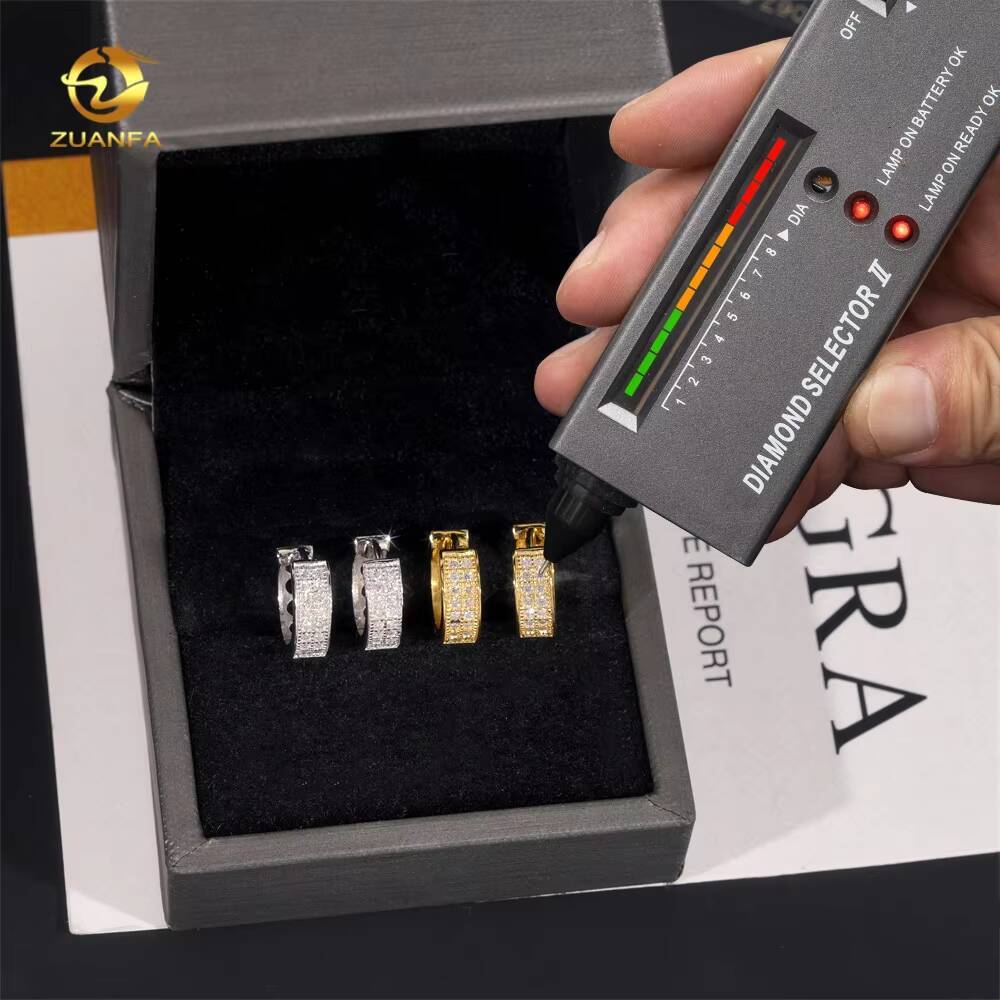 Tested with a tester, two rows of hoop ice crystal silicon hip-hop 925 silver earrings