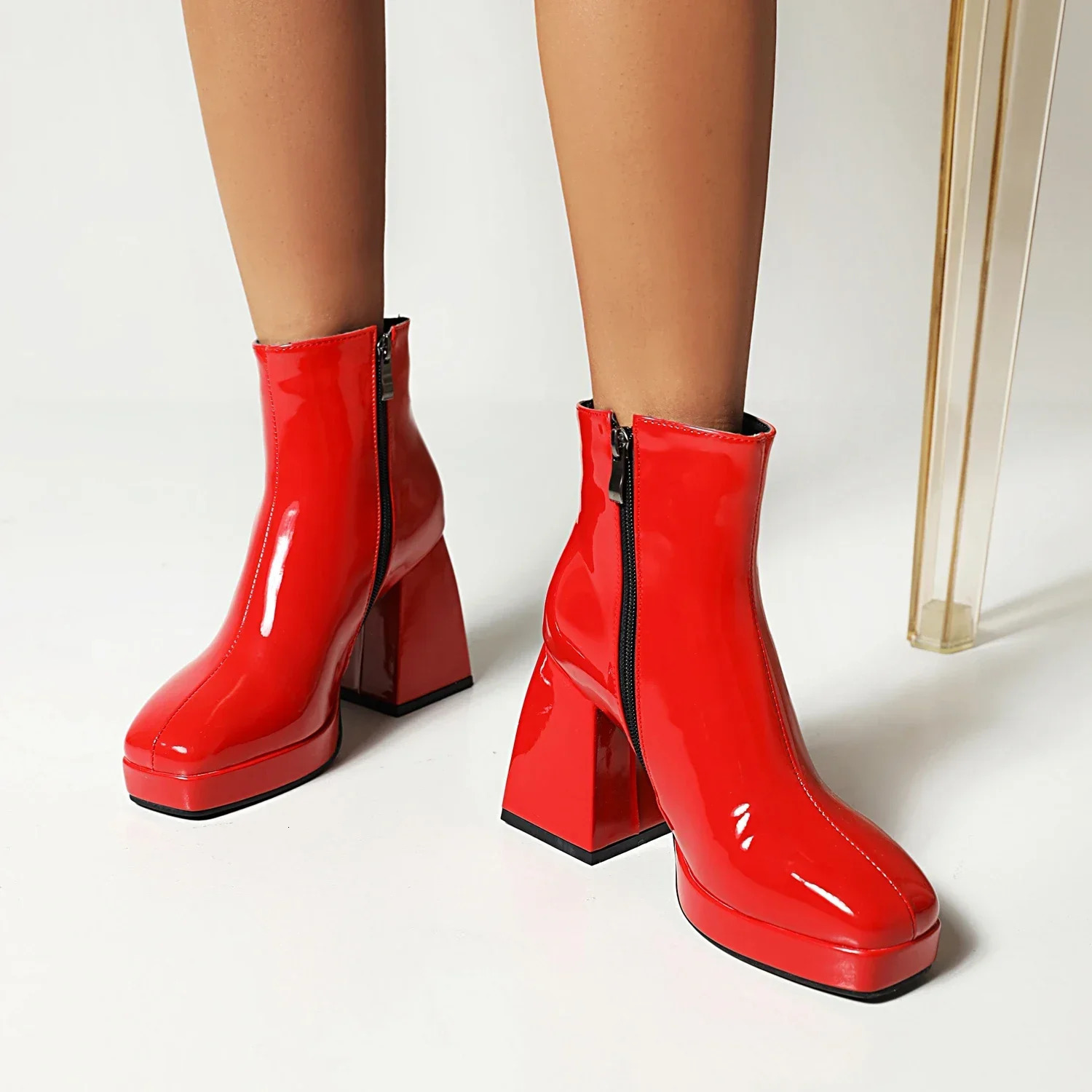 Glossy Patent Leather Ankle Boots Women High Block Heels Red Blue Black Party Dress Lady Winter Square Toe Platform Short Boots 250812