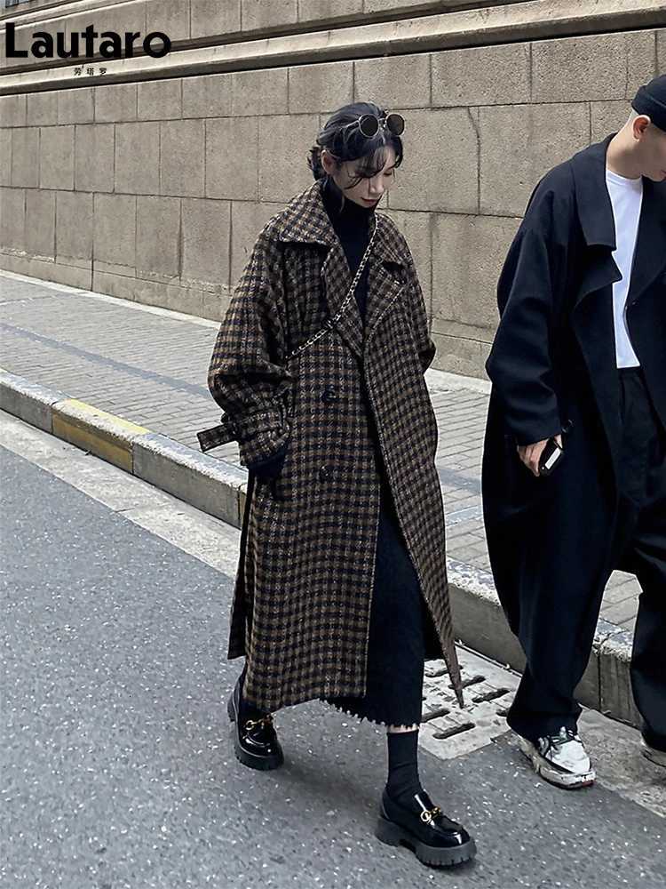 La Tarot Autumn Winter Long Loose Casual Soft Plaid Wool Coat Women Double Breasted Stylish Chic Designer Clothes 2022 Z250813