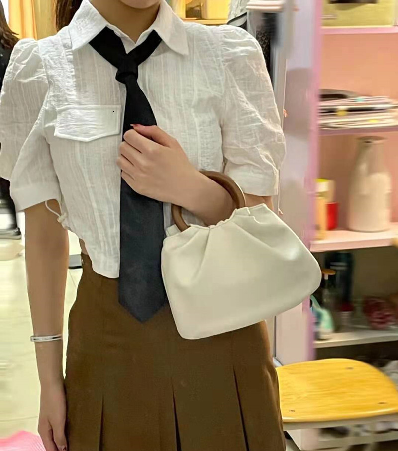 2024 Korean Version New Wooden Handle Cloud Handbag for Women, Ins Style Single Shoulder Crossbody Elegant Ruched Bag ddmymarket